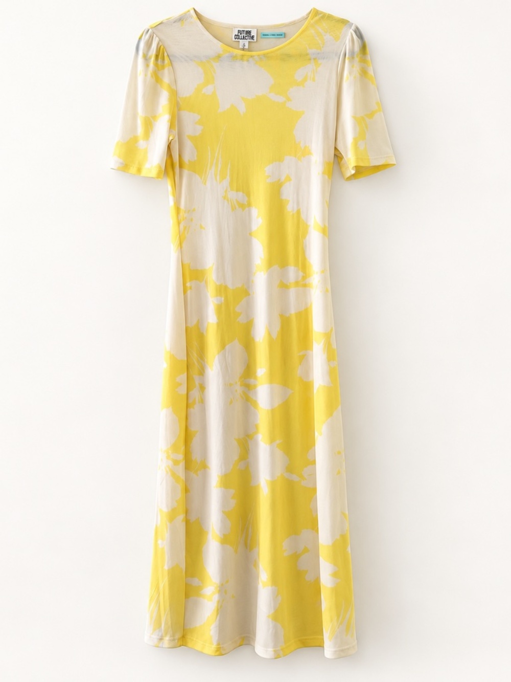 NWOT Future Collective Yellow Floral Mesh Open Back Midi Dress S